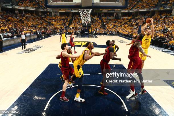 Bojan Bogdanovic of the Indiana Pacers shoots the ball against the Cleveland Cavaliers in Game Six of Round One of the 2018 NBA Playoffs on April 27,...