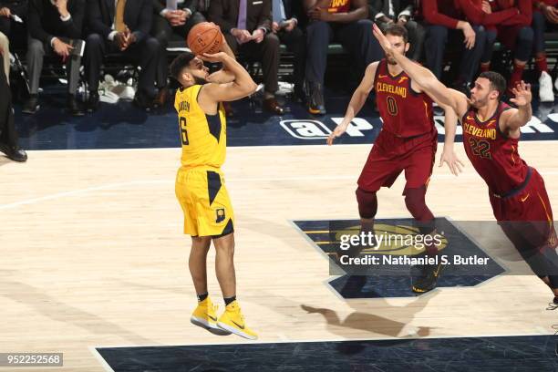 Cory Joseph of the Indiana Pacers shoots the ball against the Cleveland Cavaliers in Game Six of Round One of the 2018 NBA Playoffs on April 27, 2018...