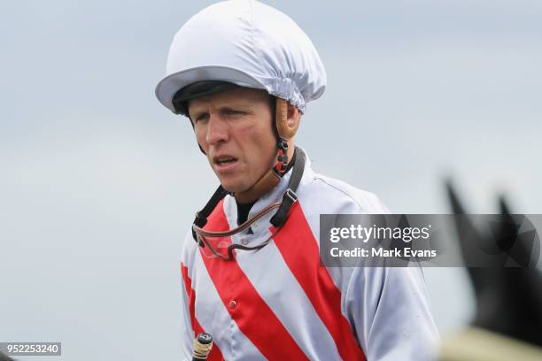 Kerrin McEvoy on Graff returns to scale after winning race 2 at the Hawkesbury Race Club on April 28, 2018 in Sydney, Australia.