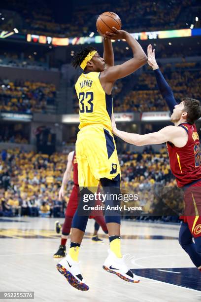 Myles Turner of the Indiana Pacers shoots the ball against the Cleveland Cavaliers in Game Six of the Eastern Conference Quarterfinals during the...