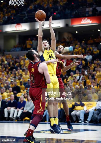 Bojan Bogdanovic of the Indiana Pacers shoots the ball against the Cleveland Cavaliers in Game Six of the Eastern Conference Quarterfinals during the...