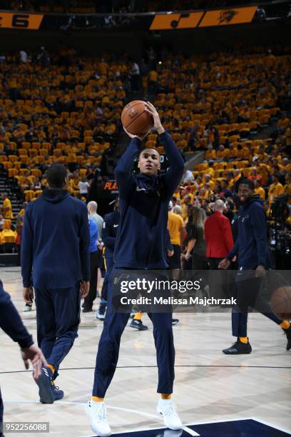 Dante Exum of the Utah Jazz shoots the ball before game against the Oklahoma City Thunder in Game Six of the Western Conference Quarterfinals during...