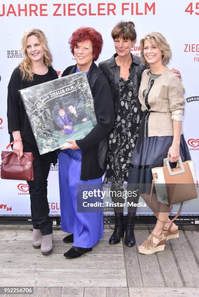 Diana Amft, Regina Ziegler, Tanja Ziegler and Valerie Niehaus during the 45th anniversary celebration of Ziegler Film at Tipi am Kanzleramt on April...