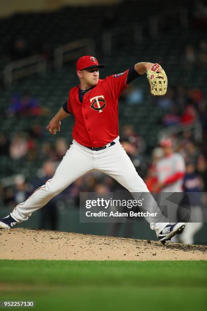 Tyler Duffey of the Minnesota Twins pitches against the Cincinnati Reds in the fourth inning at Target Field on April 27, 2018 in Minneapolis,...