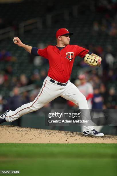 Tyler Duffey of the Minnesota Twins pitches against the Cincinnati Reds in the fourth inning at Target Field on April 27, 2018 in Minneapolis,...