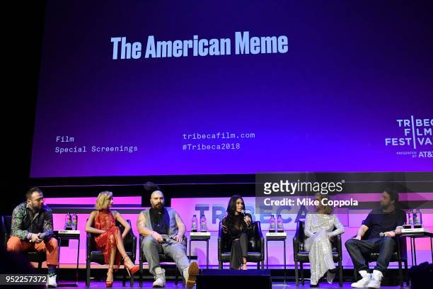 Kirill Bichutsky, Hailey Baldwin, Josh Ostrovsky, Brittany Furlan, Paris Hilton and Bert Marcus speak onstage at the screening of "The American Meme"...