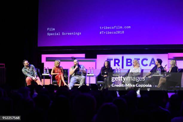 Kirill Bichutsky, Hailey Baldwin, Josh Ostrovsky, Brittany Furlan, Paris Hilton, Bert Marcus and Lola Tosh speak onstage at the screening of "The...