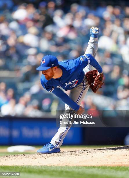 Danny Barnes of the Toronto Blue Jays in action against the New York Yankees at Yankee Stadium on April 22, 2018 in the Bronx borough of New York...
