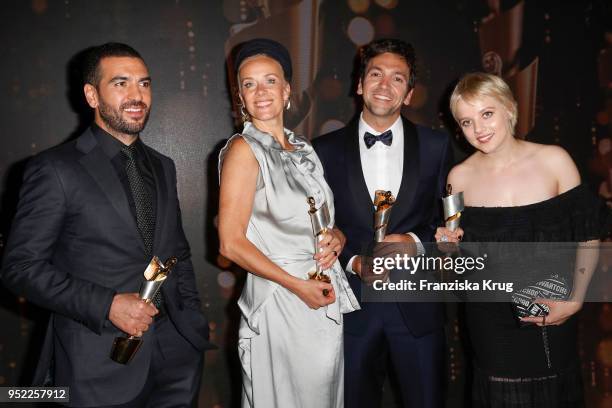 Elyas M'Barek, Katja Riemann, Bora Dagtekin and Jella Haase during the Lola - German Film Award Party at Palais am Funkturm on April 27, 2018 in...