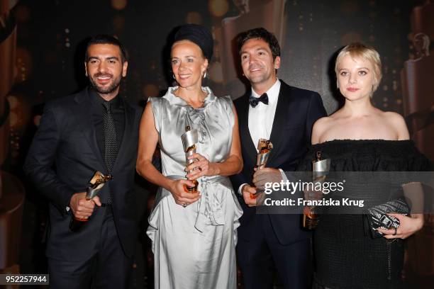 Elyas M'Barek, Katja Riemann, Bora Dagtekin and Jella Haase during the Lola - German Film Award Party at Palais am Funkturm on April 27, 2018 in...