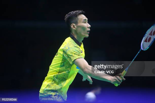 Lee Chong Wei of Malaysia competes against Kidambi Srikanth of India during men's singles quarterfinal match on day four of 2018 Badminton Asia...