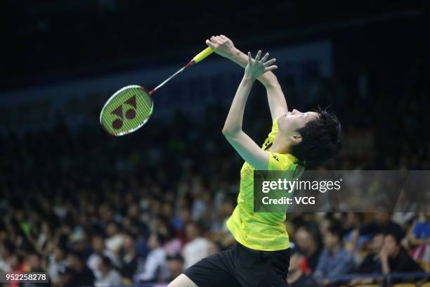 Cheung Ngan Yi of Hong Kong competes against Chen Yufei of China during women singles quarterfinal match on day four of 2018 Badminton Asia...