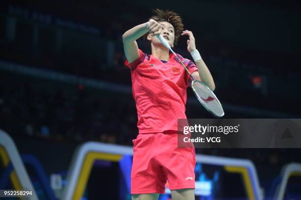 Chen Yufei of China competes against Cheung Ngan Yi of Hong Kong during women singles quarterfinal match on day four of 2018 Badminton Asia...