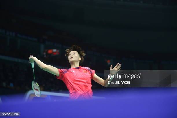 Chen Yufei of China competes against Cheung Ngan Yi of Hong Kong during women singles quarterfinal match on day four of 2018 Badminton Asia...
