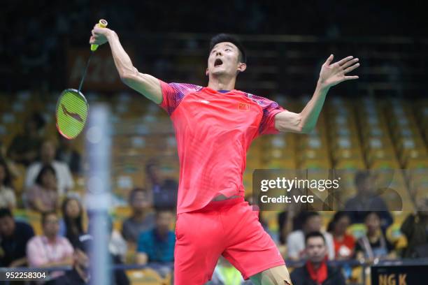 Chen Long of China competes against Ng ka Angus of Hong Kong during men's singles quarterfinal match on day four of 2018 Badminton Asia Championships...