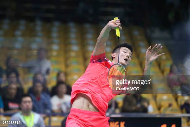 Chen Long of China competes against Ng ka Angus of Hong Kong during men's singles quarterfinal match on day four of 2018 Badminton Asia Championships...