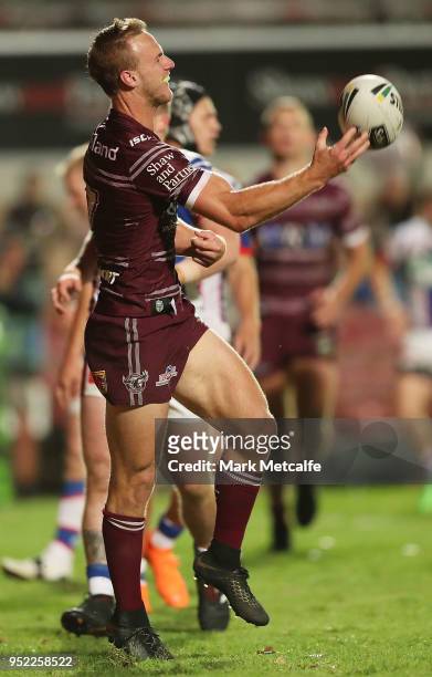 Daly Cherry-Evans of the Sea Eagles celebrates scoring a try that was subsequently disallowed during the Round eight NRL match between the...