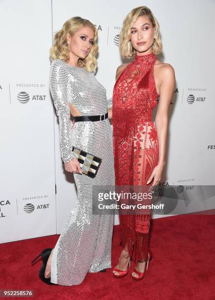 Paris Hilton and Hailey Baldwin attend 'The American Meme' screening premiere during the 2018 Tribeca Film Festival at Spring Studios on April 27,...