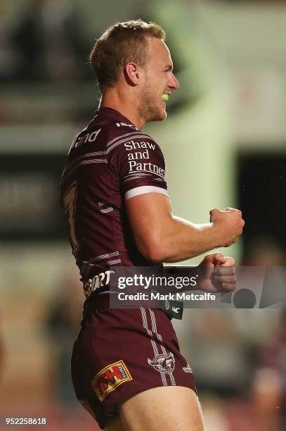 Daly Cherry-Evans of the Sea Eagles celebrates scoring a try that was subsequently disallowed during the Round eight NRL match between the...