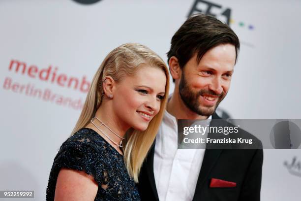 Jennifer Ulrich and Franz Dinda attend the Lola - German Film Award red carpet at Messe Berlin on April 27, 2018 in Berlin, Germany.