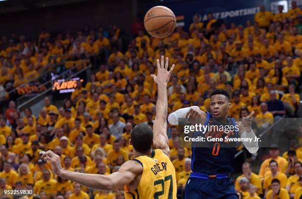 Russell Westbrook of the Oklahoma City Thunder shoots over the defense of Rudy Gobert of the Utah Jazz in the first half during Game Six of Round One...