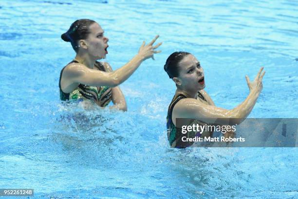 Yekaterina Nemich and Alexandra Nemich of Kazakhstan compete during the Duet Technical Final on day two of the FINA Artistic Swimming Japan Open at...