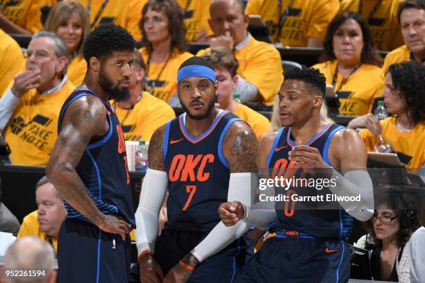 Paul George, Carmelo Anthony, and Russell Westbrook of the Oklahoma City Thunder in Game Six of the Western Conference Quarterfinals against the Utah...