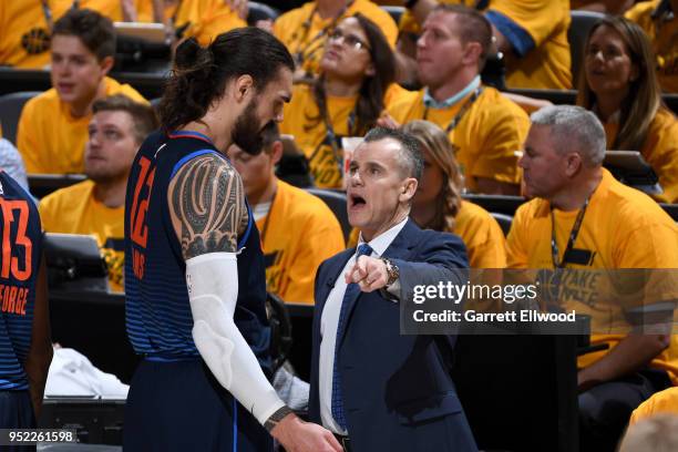 Steven Adams speaks to Head Coach Billy Donovan of the Oklahoma City Thunder in Game Six of the Western Conference Quarterfinals against the Utah...