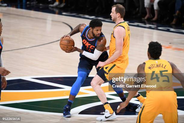 Paul George of the Oklahoma City Thunder handles the ball against the Utah Jazz in Game Six of the Western Conference Quarterfinals during the 2018...