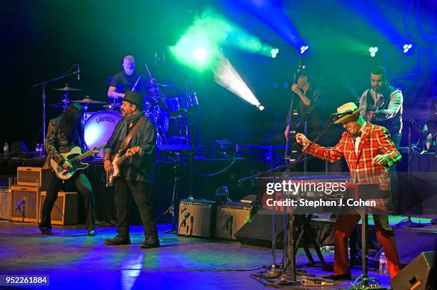 Eddie Perez, Paul Deakin, Raul Malo, and Jerry Dale McFadden of The Mavericks performs at Iroquois Amphitheater on April 27, 2018 in Louisville,...