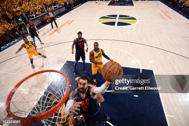 Steven Adams of the Oklahoma City Thunder goes to the basket against the Utah Jazz in Game Six of the Western Conference Quarterfinals during the...