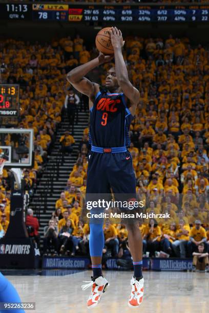 Jerami Grant of the Oklahoma City Thunder shoots the ball against the Utah Jazz in Game Six of the Western Conference Quarterfinals during the 2018...