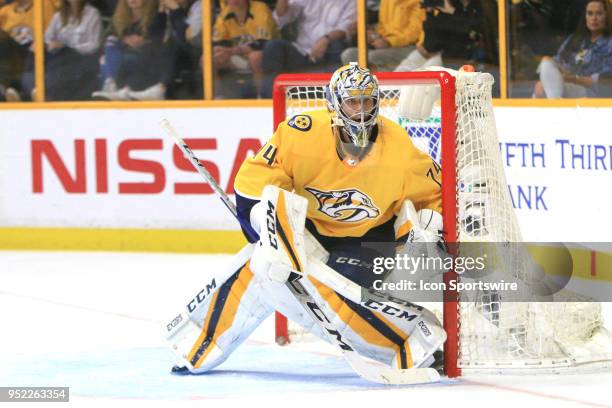 Nashville Predators goalie Juuse Saros is shown during Game One of Round Two of the Stanley Cup Playoffs between the Winnipeg Jets and Nashville...