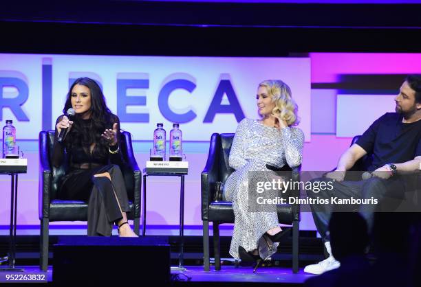 Brittany Furlan, Paris Hilton and Bert Marcus speak onstage during the 2018 Tribeca Film Festival World Premiere of Bert Marcus' THE AMERICAN MEME on...