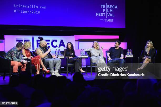 Kirill Bichustky, Hailey Baldwin, Josh Ostrovsky, Brittany Furlan, Paris Hilton, Bert Marcus and Lola Tosh speak onsatge during the 2018 Tribeca Film...