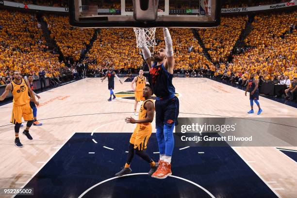 Steven Adams of the Oklahoma City Thunder dunks the ball against the Utah Jazz in Game Six of the Western Conference Quarterfinals during the 2018...