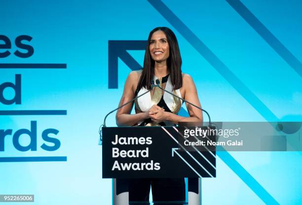 Padma Lakshmi speaks at the 2018 James Beard Media Awards at Pier Sixty at Chelsea Piers on April 27, 2018 in New York City.