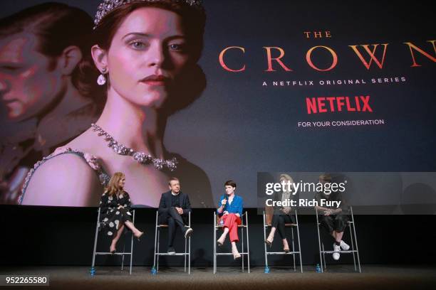 Krista Smith, Peter Morgan, Claire Foy, Vanessa Kirby and Jane Petrie speak onstage during the For Your Consideration event for Netflix's "The Crown"...