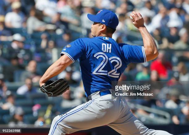 Seung Hwan Oh of the Toronto Blue Jays in action against the New York Yankees at Yankee Stadium on April 22, 2018 in the Bronx borough of New York...