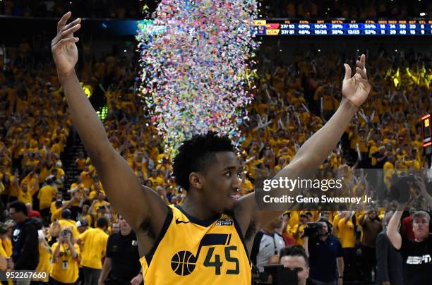 Donovan Mitchell of the Utah Jazz celebrates the Jazz win at the end of Game Six of Round One of the 2018 NBA Playoffs against the Oklahoma City...