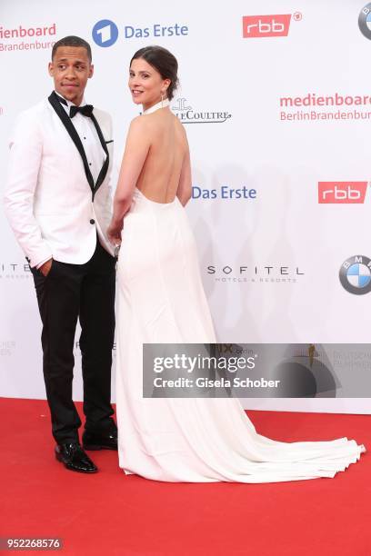 Jerry Hoffmann and Aylin Tezel during the Lola - German Film Award red carpet at Messe Berlin on April 27, 2018 in Berlin, Germany.