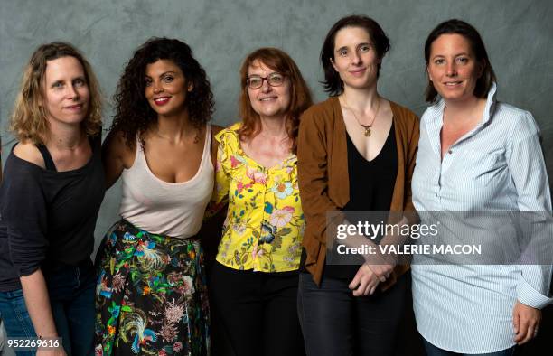 Directors Marie Garel Weiss, Nawell Madani, Nathalie Mathe, Elsa Diringer and COLCOA Deputy Director Anouchka Van Riel pose during the Colcoa French...