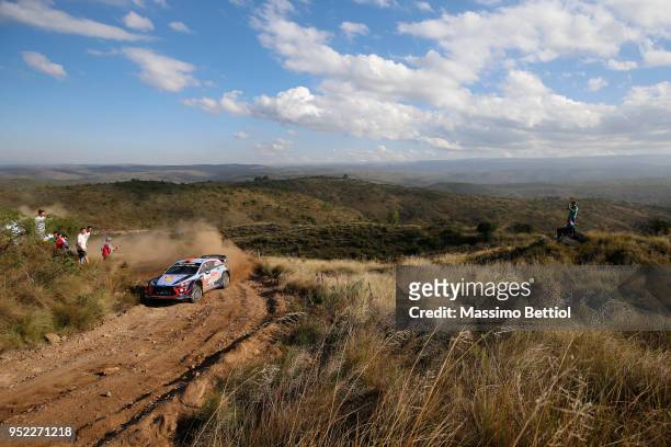 Daniel Sordo of Spain and Carlos Del Barrio of Spain compete in their Hyundai Shell Mobis WRT Hyundai i20 Coupe WRC during Day Two of the WRC...