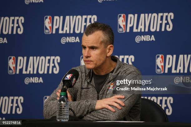 Billy Donovan of the Oklahoma City Thunder speaks to media after game against the Utah Jazz in Game Six of the Western Conference Quarterfinals...