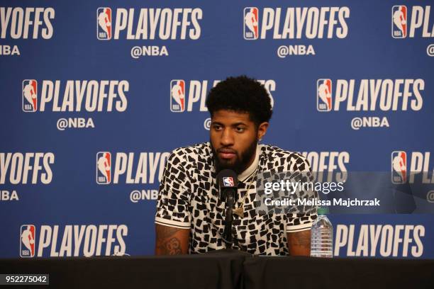 Paul George of the Oklahoma City Thunder speaks to media after game against the Utah Jazz in Game Six of the Western Conference Quarterfinals during...