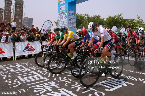 Start / Charlotte Becker of Germany and Team Hitec Products Yellow Leader Jersey / Giorgia Bronzini of Italy and Team Cylance Pro Cycling Green...
