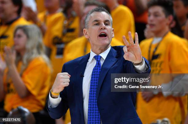 Head coach Billy Donovan of the Oklahoma City Thunder gestures from the sideline during Game Six of Round One of the 2018 NBA Playoffs against the...