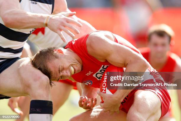 Kieren Jack of the Swans evades Patrick Dangerfield during the round six AFL match between the Geelong Cats and Sydney Swans at GMHBA Stadium on...