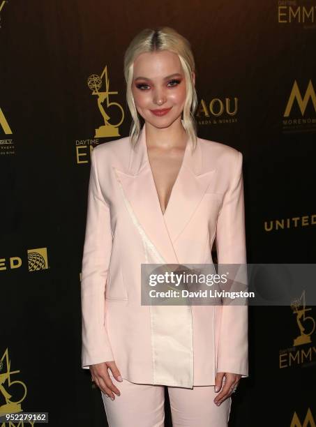 Actress Dove Cameron attends the press room at the 45th Annual Daytime Creative Arts Emmy Awards at Pasadena Civic Auditorium on April 27, 2018 in...