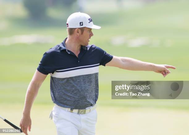 Andrew Dodt of Australia reacts during the third round of the 2018 Volvo China open at Beijing Huairou Topwin Golf and Country Club on April 28, 2018...